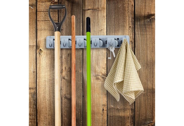 Gerätehalter Wandhalterung, 5 Klemmhalter, 6 Klapphaken, Universal Werkzeughalter für Wand, 40 cm, pp, grau - Relaxdays