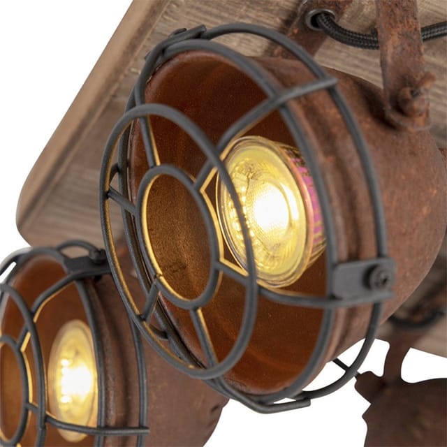 Qazqa - Industriestrahler rostbraun mit Holz kippbar 4-Licht - Gina