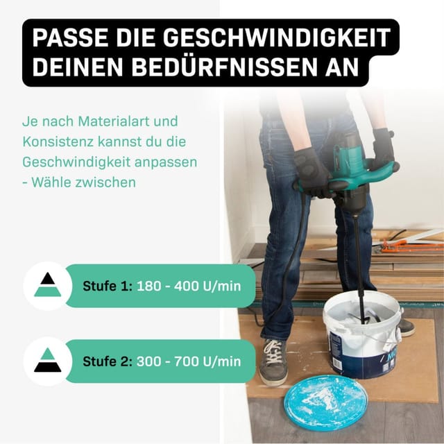 Mörtelrührer - Rührwerk 1800 w – 2 Beschleunigungsstufen – Soft Start – Konstant-Elektronik – 3 m Gummikabel – inkl. Mischwerkzeug 140 x 600 mm