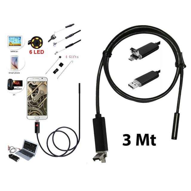 Trade Shop Traesio - Trade Shop - endoskopische kamera 6 led flexibler schlauch usb 3 mt wasserdichte inspektion -