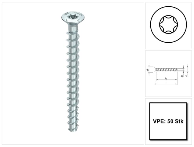 Heco - mm plus Senkkopf 7,5x120 Schraubanker mit Bewertung, Stahl verzinkt - 50 Stück