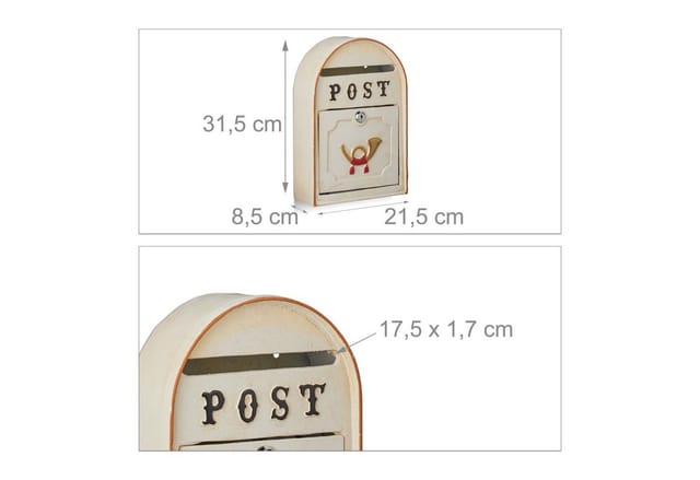 Relaxdays - Briefkasten antik, Western Vintage Style, Shabby-Chic, Posthorn-Relief, Metall, HxBxT: 30 x 20 x 8 cm, beige