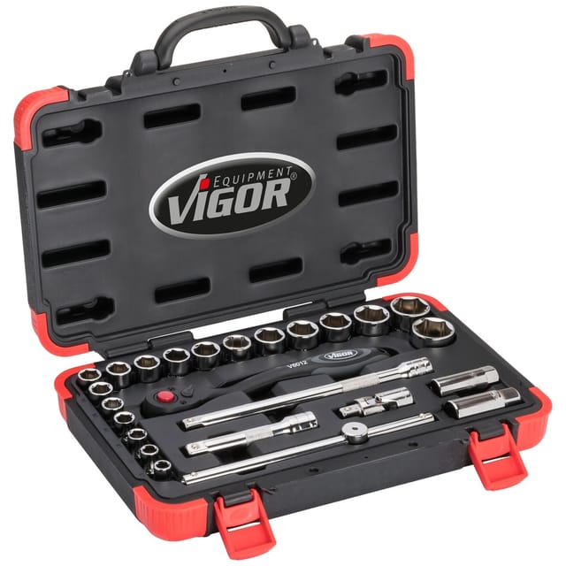 VIGOR Steckschlüssel Satz, 1/2 (12,5 mm) Vierkant hohl, Außen Sechskant Profil, 25-tlg., 10 - 32, Anzahl Werkzeuge: 25