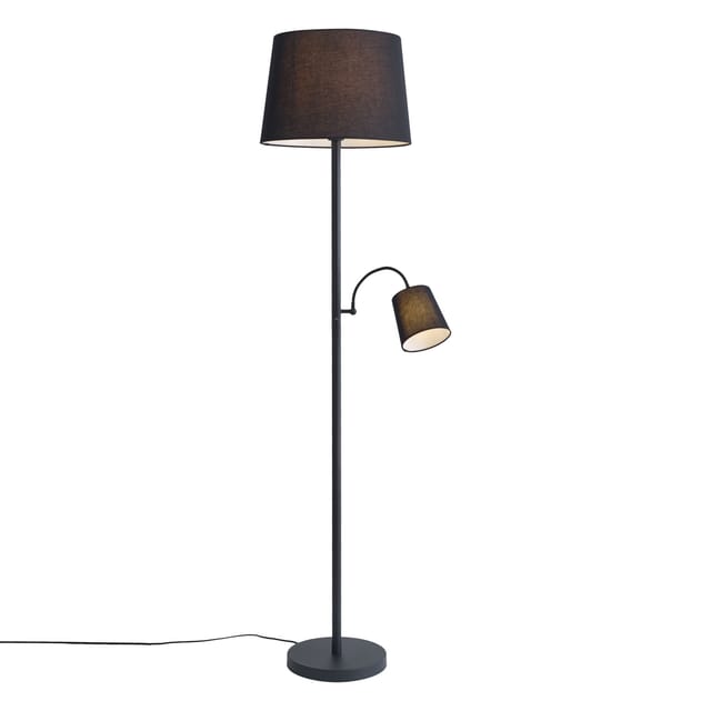 Klassische Stehleuchte schwarz mit schwarzem Lampenschirm und Leselicht - Retro