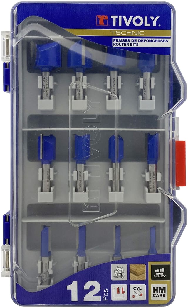 Box mit 12 Nutfräsern, Hartmetallklinge und Schaft mit 8 mm Durchmesser - Tivoly