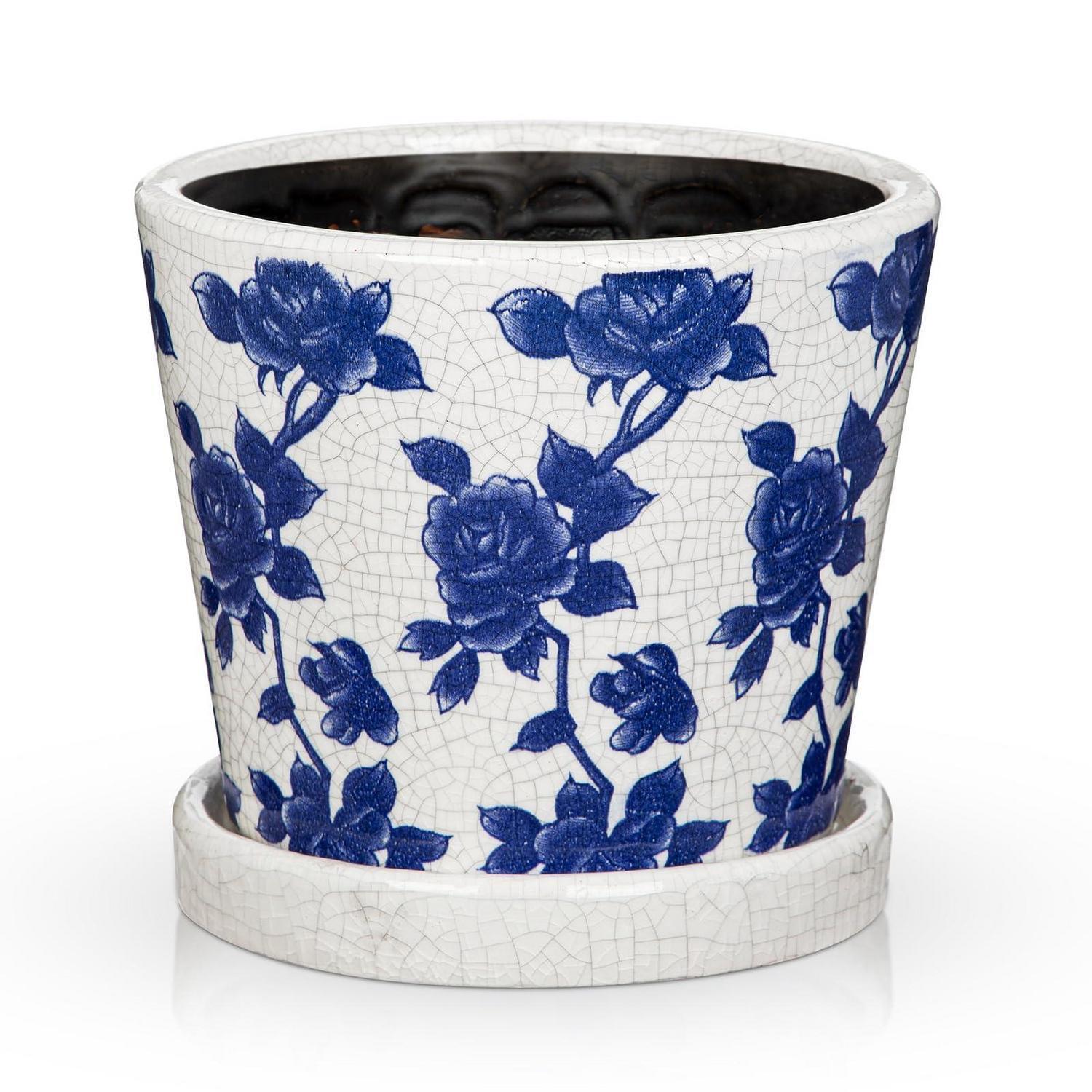 Keramiktopf Mit Untersetzer, 14cm, Blau-rosen Muster, Für Sukkulenten