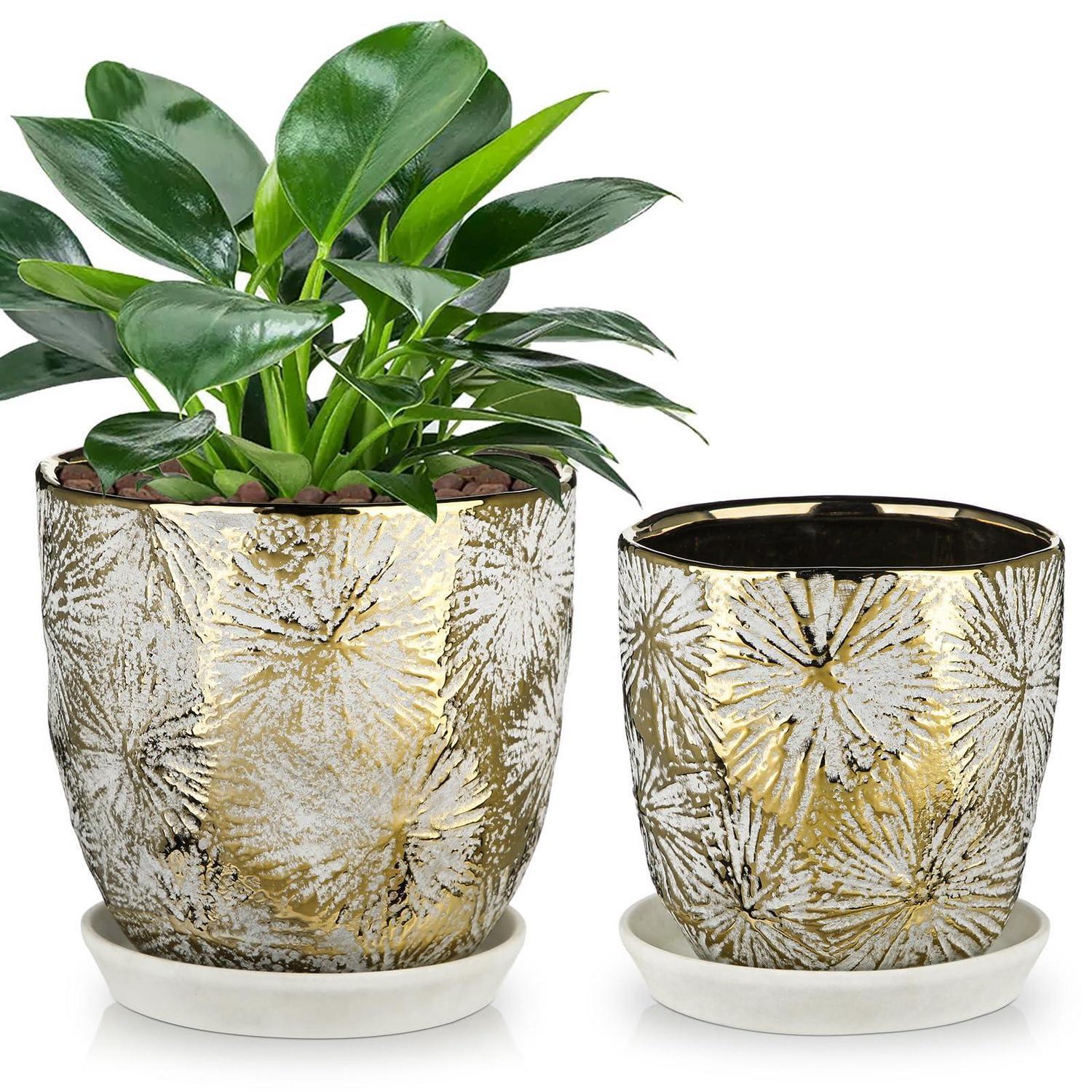 2er-set Keramik Blumentöpfe Mit Ablaufloch, Ø 14.5cm+12cm, Gold/silber