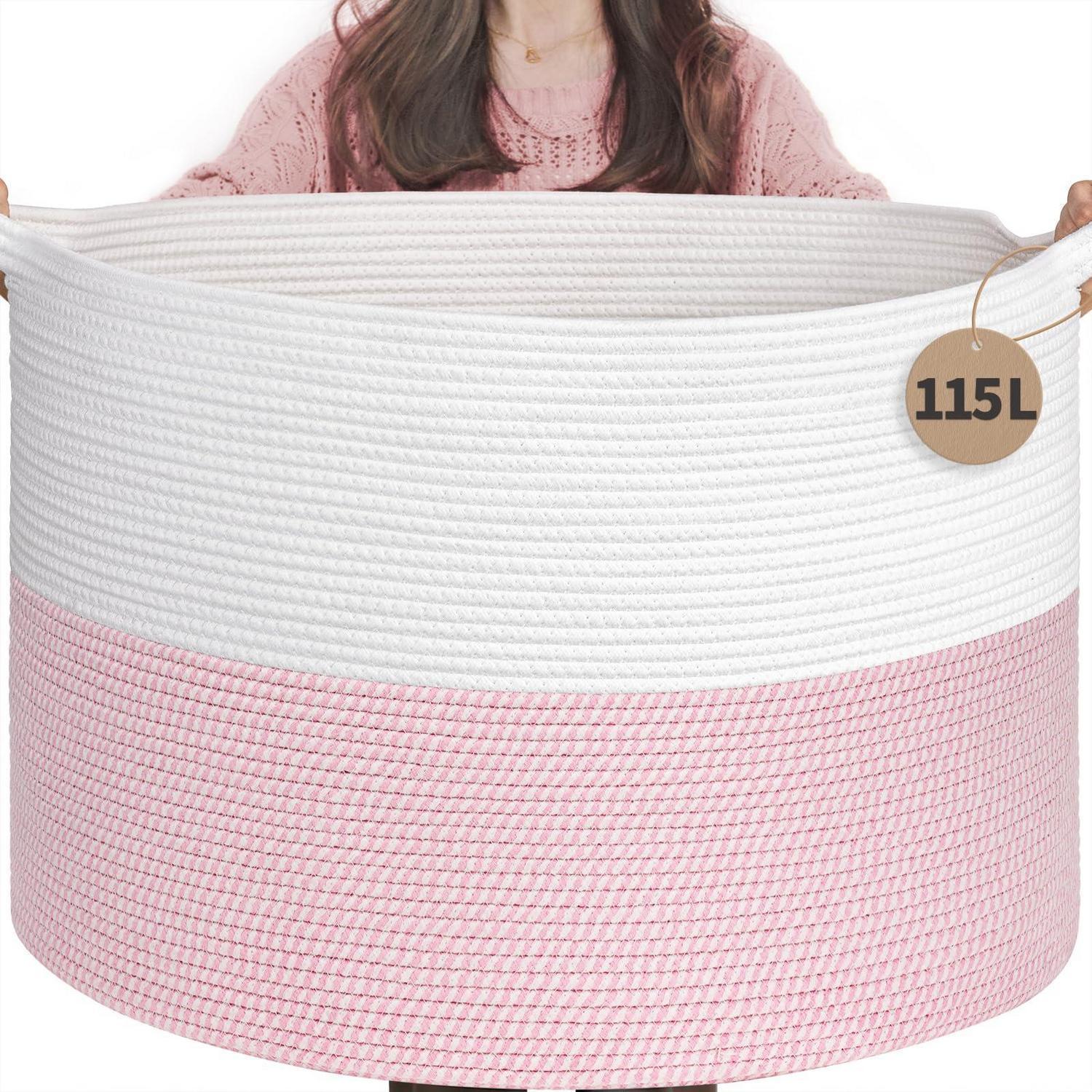 Großer Wäschekorb 115l Aus Baumwollseil, Rosa, Faltbar, Für Kinderzimmer