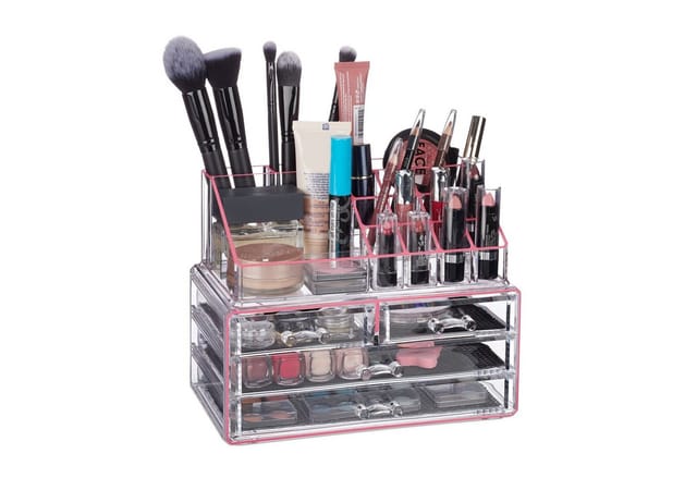 Relaxdays Make Up Organizer Acryl, 2-teilige Schminkaufbewahrung mit Lippenstifthalter & 4 Schubladen, transparent/pink