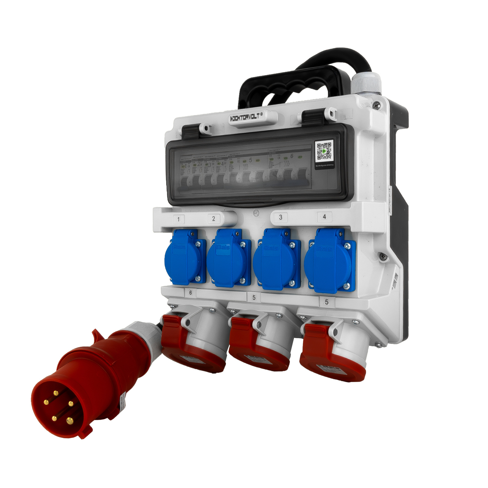 Bauverteilerkasten 2x16a 32a Cee 4x230v Erbetka Mit Griff Und Anschlusskabel 32a Cee Stecker Doktorvolt Dv-1420-f