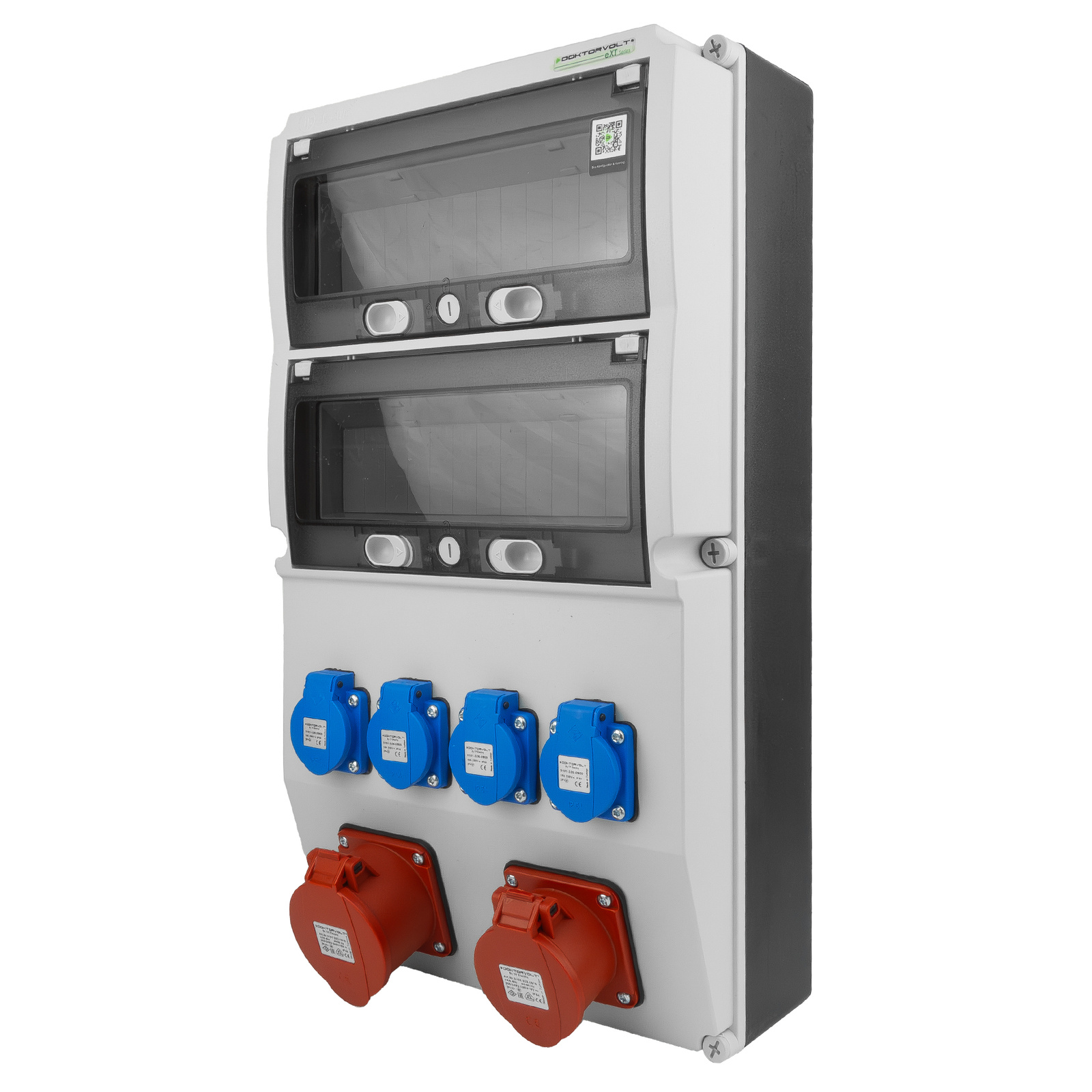 Gebäudeverteilerkasten 16a 32a Cee 4x230v Zwei Inspektionsfenster 36 Module Doktorvolt Ext Dv-5312-f