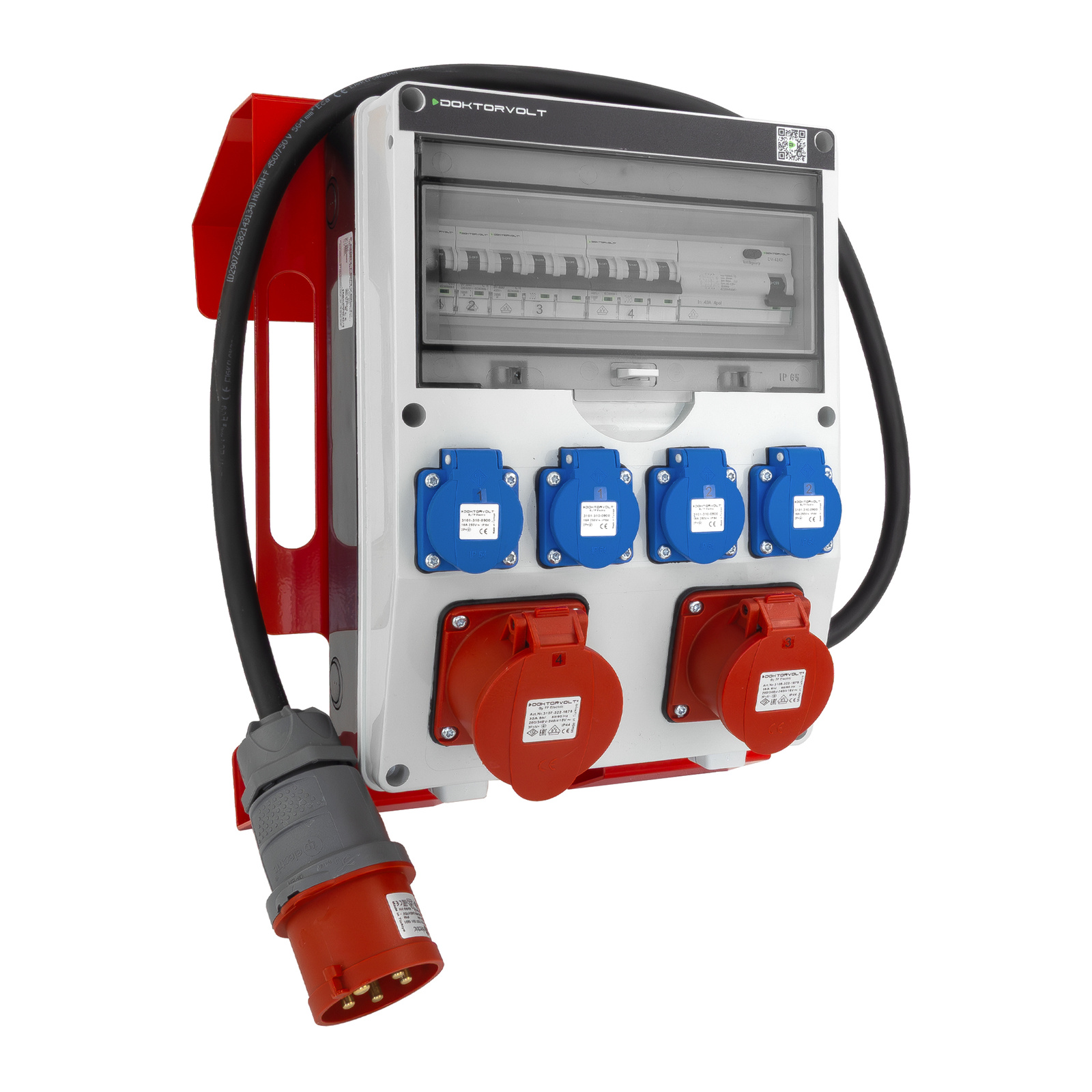 Bauverteilerkasten 16a 32a Cee 4x230v Auf Einem Ständer Mit Aufhängemöglichkeit Und Tgd-s/fi-stecker Mit Vde-schutz Doktorvolt Dv-6067-d