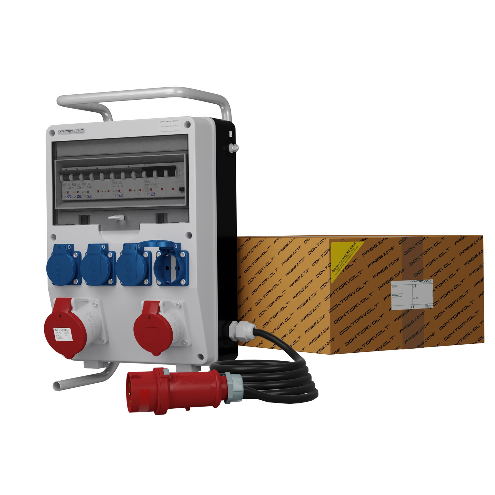 Bauverteiler Auf Ständer Mit Kabel Td-s/fi Skhu 32a 16a 4x230v Schuko Doktorvolt 9368