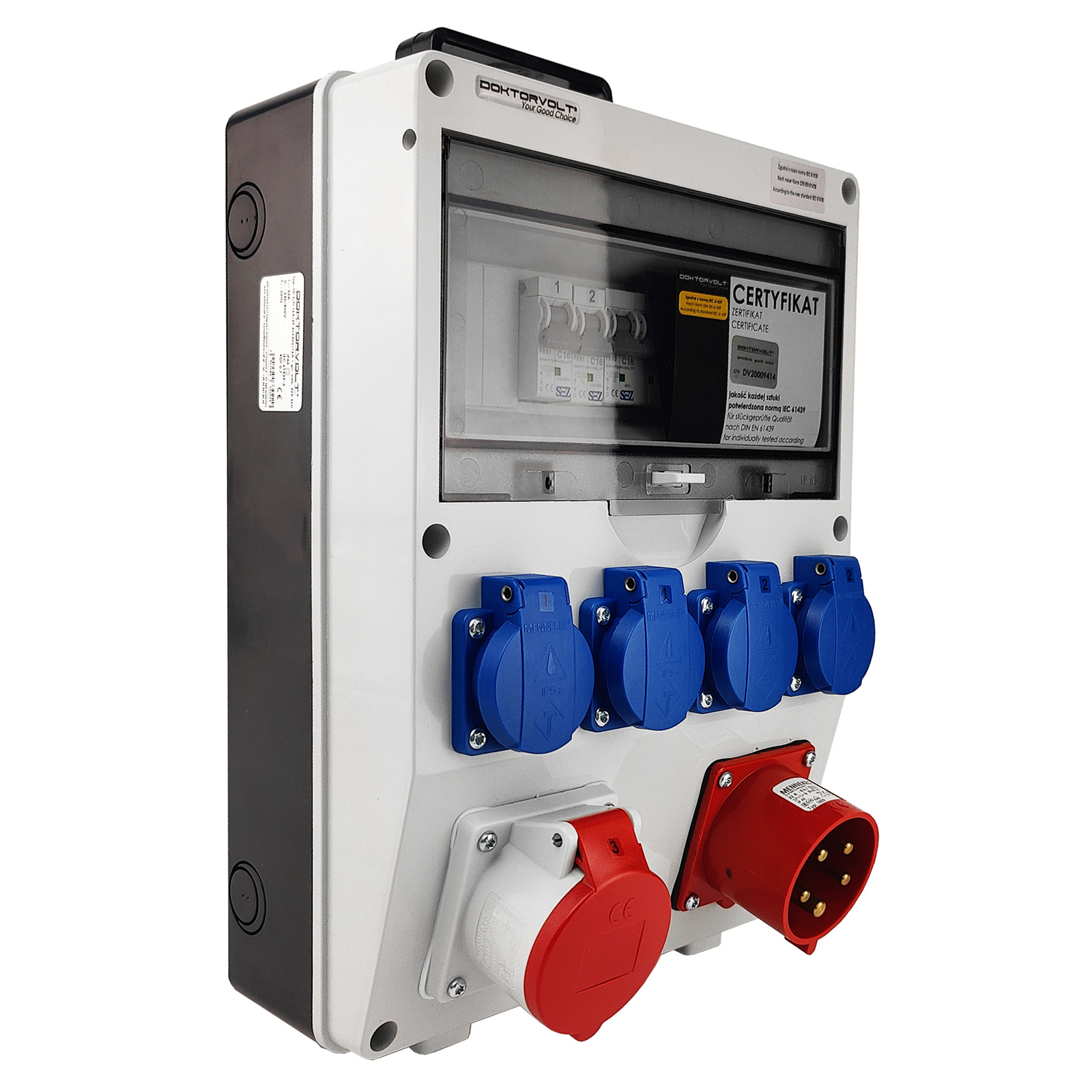 Gebäudeverteiler Mit Griff Und Empfängerstecker 32a Td-s/fi 16a 4x230v Schuko Doktorvolt 0229