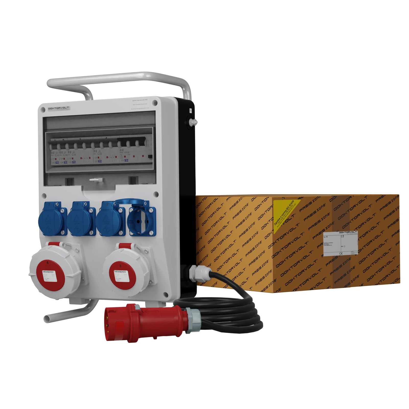 Bauverteiler Auf Ständer Mit Kabel Td-s/fi Skhu 32a 16a Ip67 4x230v Schuko Doktorvolt 0106