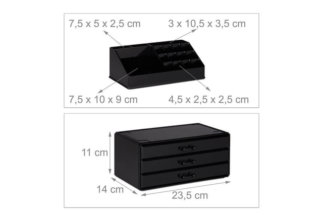 Make Up Organizer klein, 2-teilige Schminkaufbewahrung mit Schubladen, stapelbares Kosmetikregal, schwarz - Relaxdays