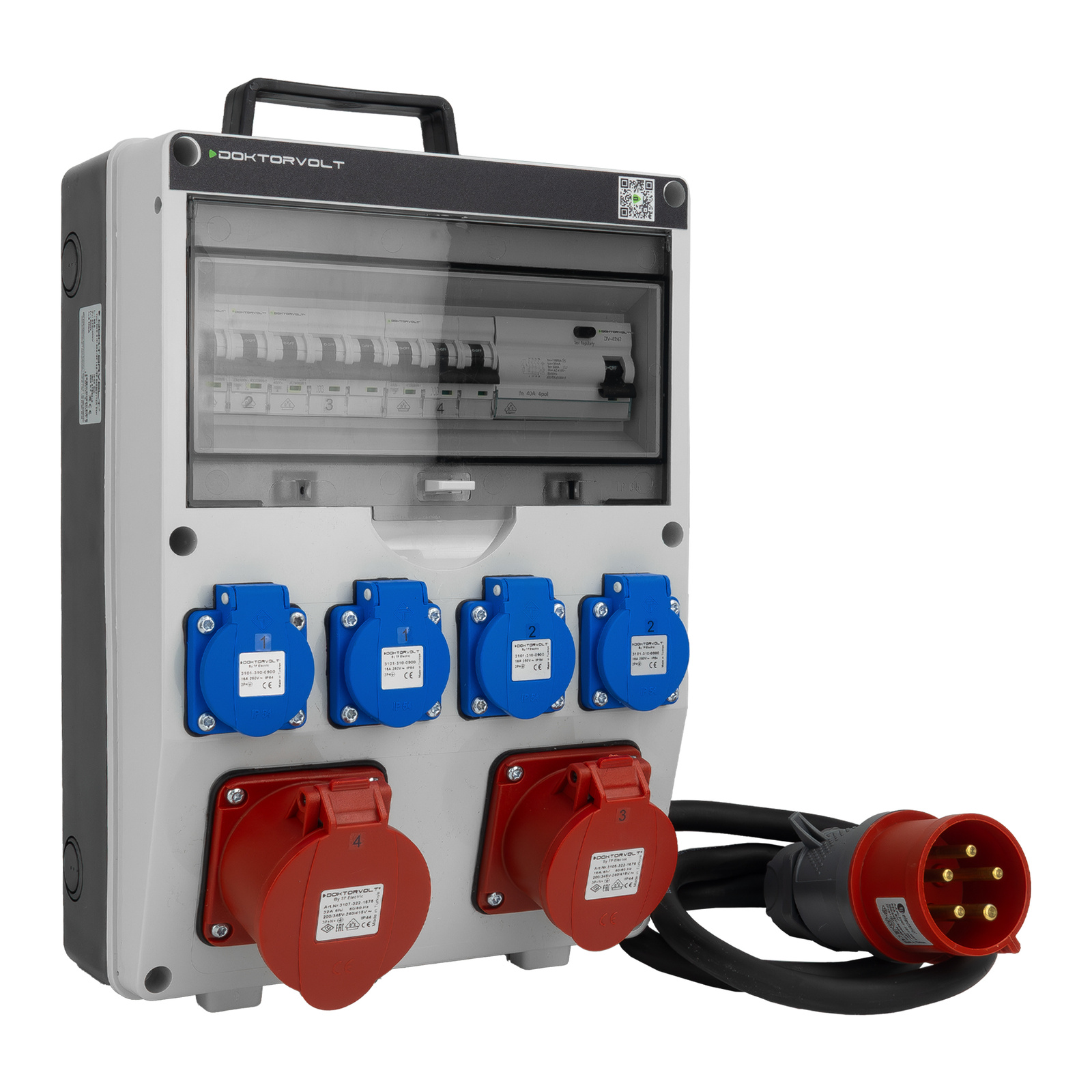 Gebäudeverteiler 16a 32a Cee 4x230v Mit Stecker Und Kabel Tgd-s/fi Mit Vde-schutz Doktorvolt Dv-6043-d