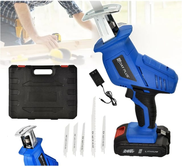 Dayplus - Professional Säbelsäge Mit 5 Sägeblättern, Akku-reciprosäge Mit 21v 1× 1,5ah Akku, Elektrische Säge Für Holz & Metall & Aluminium, Max. 65mm Schnitttiefe, Variable Geschwindigkeit 3000rpm, Led Licht