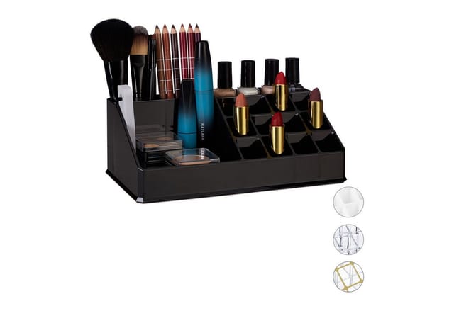 Kosmetik-Organizer Acryl, Kleiner Make Up Organizer mit 16 Fächern für Schminke & Lippenstift-Halter, schwarz - Relaxdays