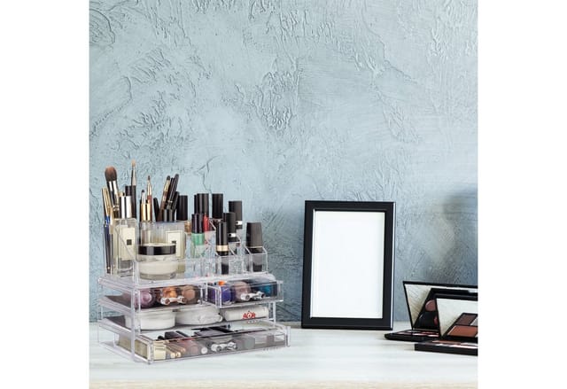Make Up Organizer Acryl, 2-teilige Schminkaufbewahrung mit Lippenstifthalter und 4 Schubladen, transparent - Relaxdays