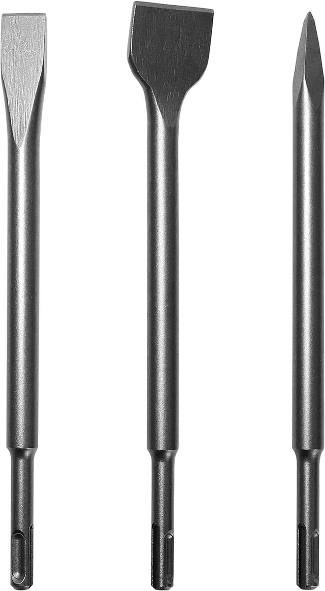 SDS Plus Meißel-Set 3er-Box: Großmeißel, Flachmeißel, Spitzmeißel. Zum Entfernen von Beton, Boden- und Wandfliesen. (Weitkurvenmeißel)