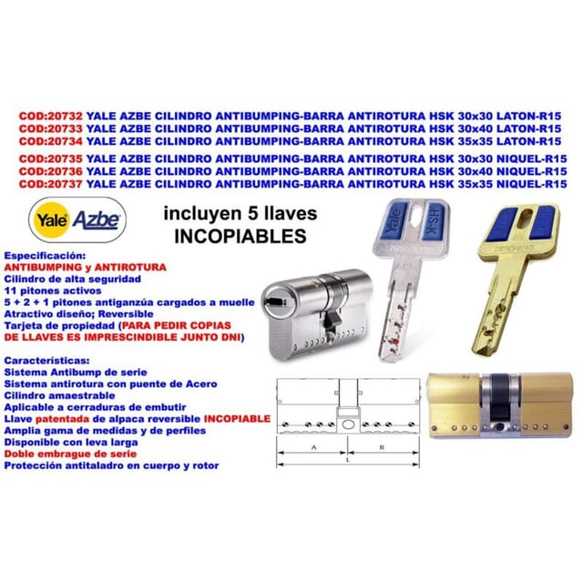 Yale Antibumping-Zylinder mit HSK-Bruchschutzstange Mod 30x30 N-R15
