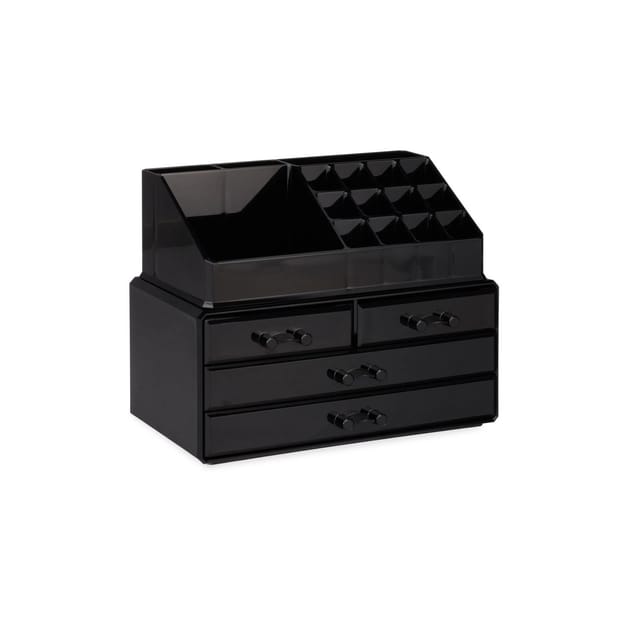 Relaxdays Make Up Organizer klein, 2-teilige Schmink Aufbewahrung Acryl, mit Lippenstifthalter und 4 Schubladen, schwarz