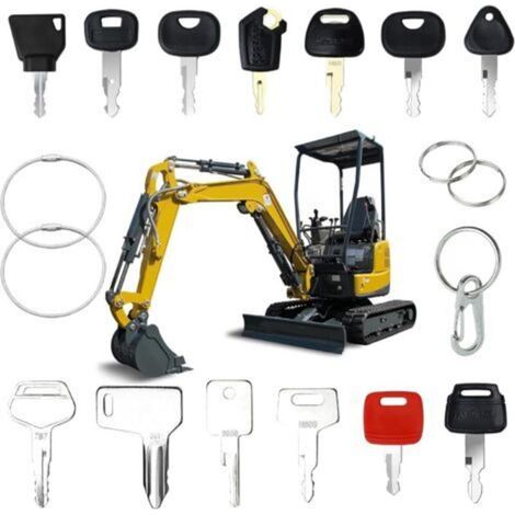 Satz Mit 18 Ersatzzündschlüsseln Für Baumaschinen, Darunter Zündschlüssel Für Bagger, Baugeräte Und Andere Maschinen. Universeller Anlasserschalter.