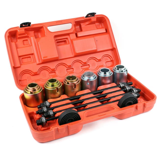 Radlager Gummibuchsen Abzieher Set 26 teilig zum Wechsel/Ausbau von Radlagern und Fahrwerksbuchsen, mit Druckplatten, Druckspindeln und Druckhülsen