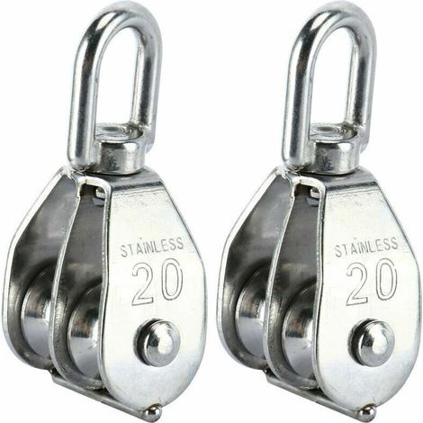 Satz Mit 2 M20 Doppelrollenblöcken – Edelstahl 304 – Maximale Belastung 75 Kg – 7 Mm Seil – Drehhaken Für Optimale Zugkraft