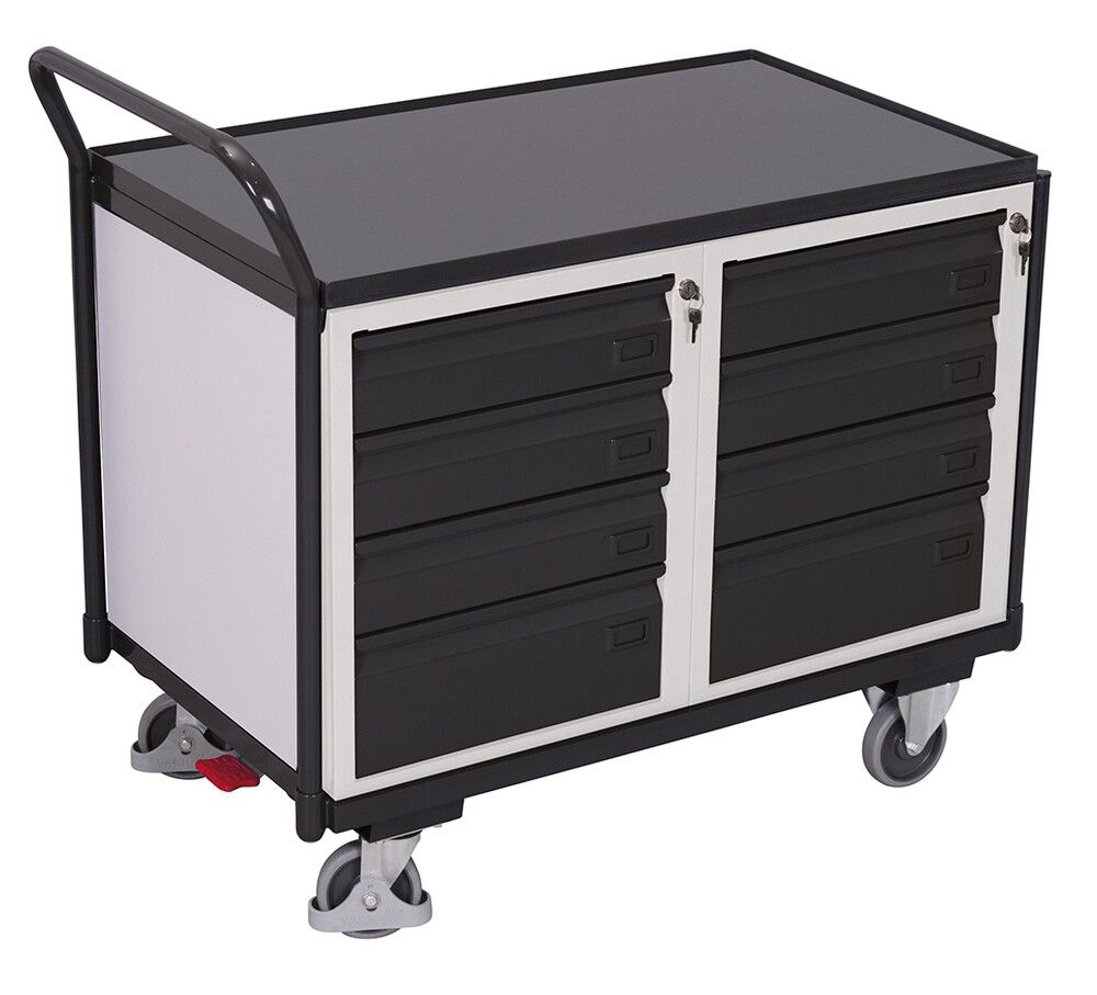 Variofit Werkstattwagen Mit Gebogenen Schiebegriff, 8 Schubladen Und 1 Ladefläche 985x590mm Ral 7016 Anthrazitgrau