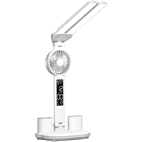 Schreibtischlampe Mit Led-ventilator, Uhr Und Stifthalter, Touch-bedienfeld, Temperatur-, Zeit- Und Datumsanzeige, Einstellbare Farbtemperatur Von 3000k Bis 6000k.