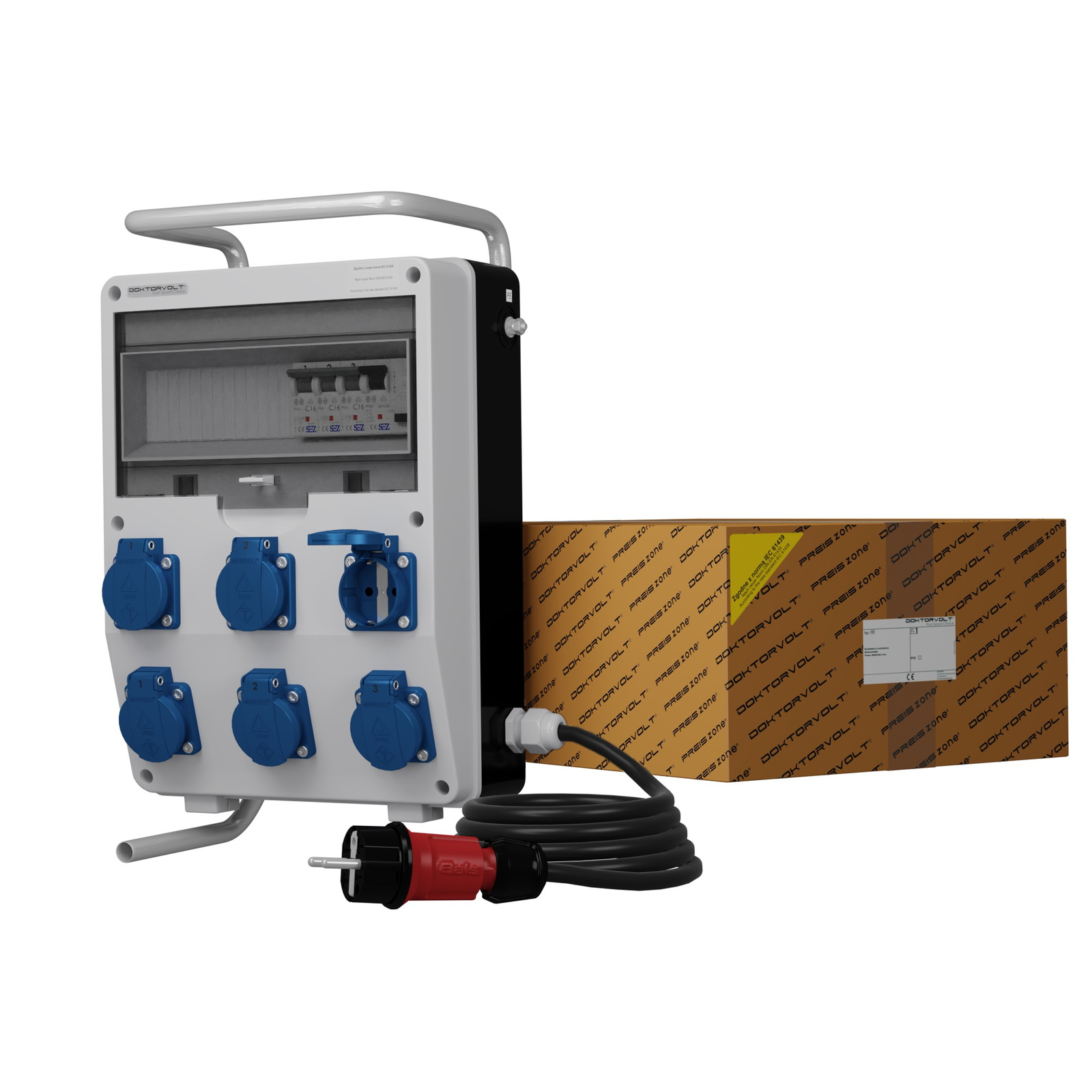 Bauverteiler Auf Ständer Mit Kabel Td-s/fi Skhu 6x230v Schuko Doktorvolt 9351