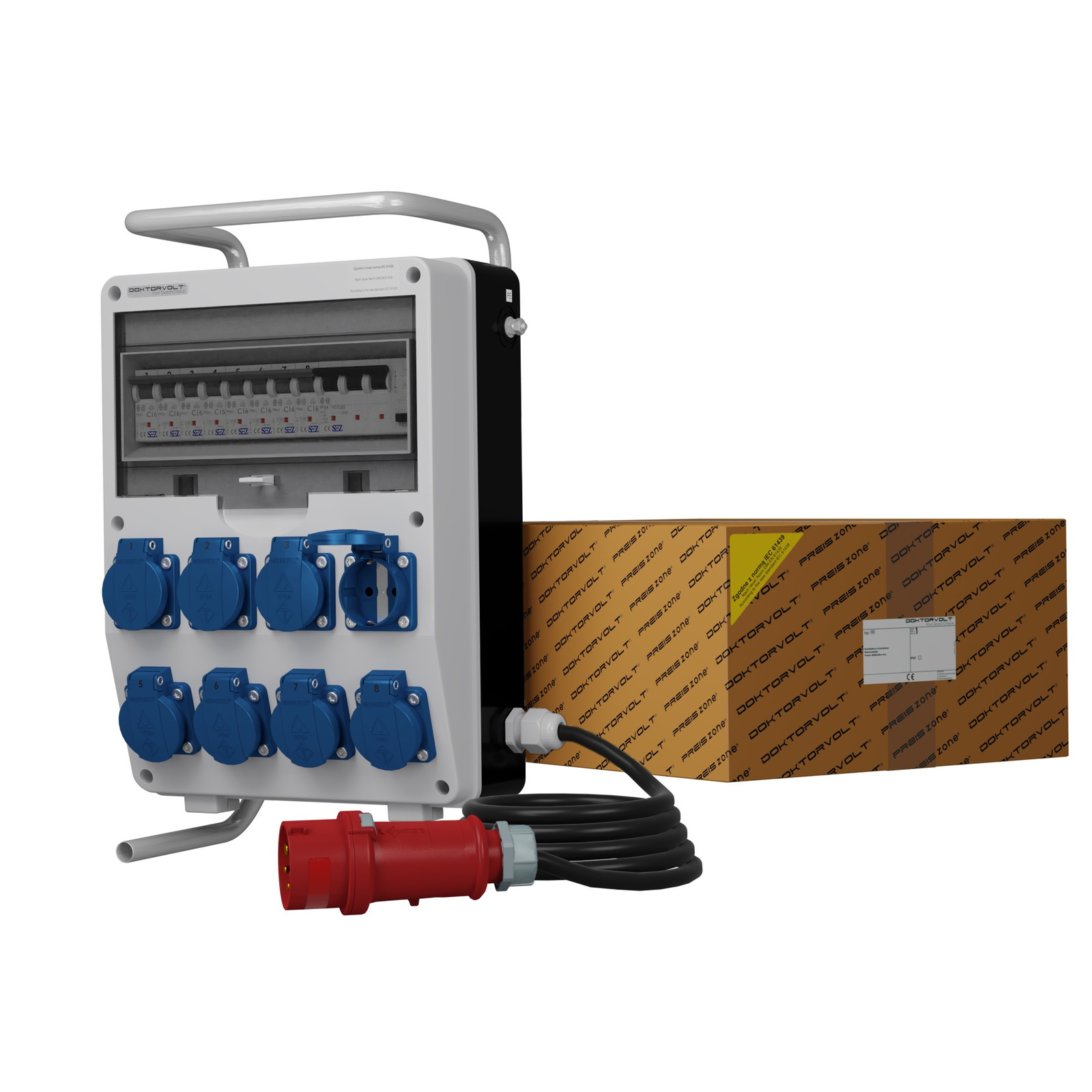 Bauverteiler Auf Ständer Mit Kabel Td-s/fi Skhu 8x230v Schuko Doktorvolt 0342
