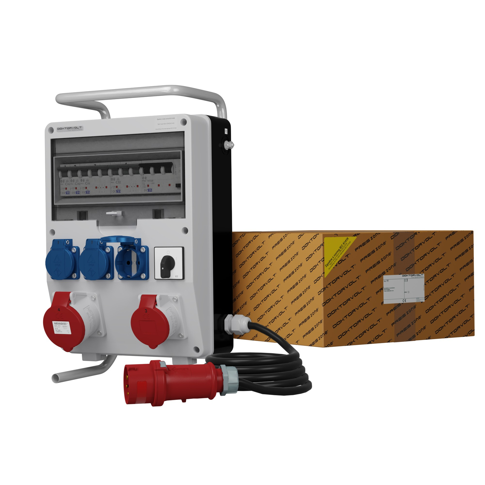 Bauverteilerkasten Auf Ständer Mit Kabel Und Stecker Td-s/fi Skhu 32a 16a 3x230v Schuko Doktorvolt 0328