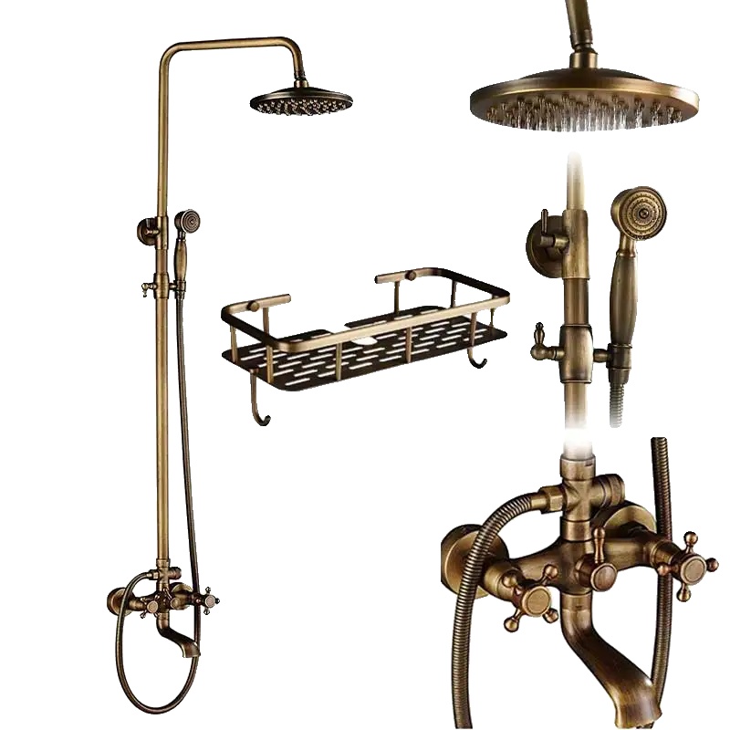 Duschset Aus Antikem Messing, Doppelgriff-design, Höhenverstellbar, Antikmessing E