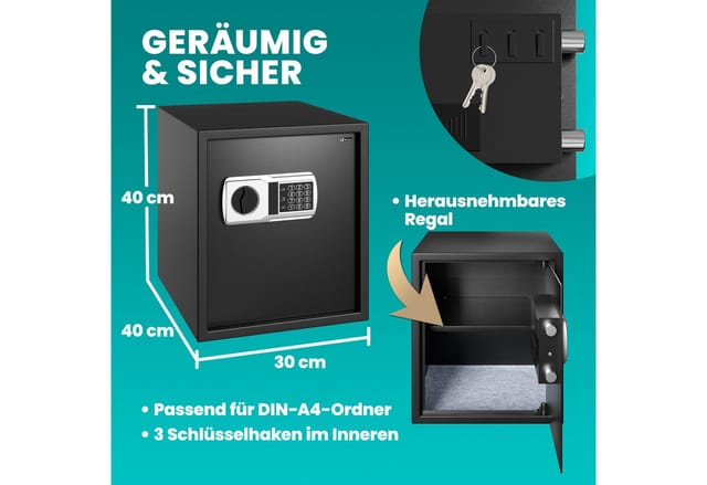 Deuba - Tresor Dokumentengröße 35x40x40cm Elektronik-Zahlenschloss 4 Batterien Tresor Safe Hotelsafe Büro Hotel Schmuck Sicherheitscode schwarz