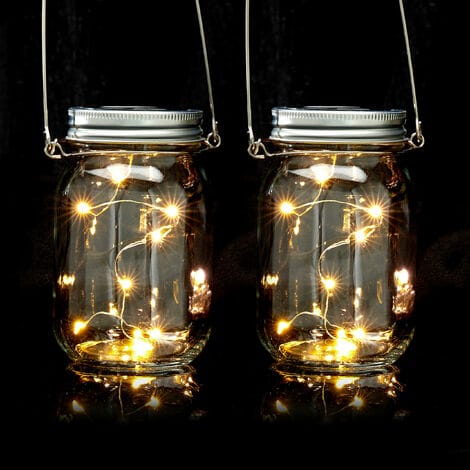Solar Glas 2er Set, je 8 led im Einmachglas, stellen oder hängen, Solarleuchte für den Garten, transparent - Relaxdays