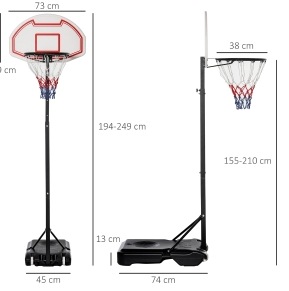 Verstellbarer Basketballkorb Für Kinder 194-249 Cm Mit Rollen Und Befüllbarem Standfuß
