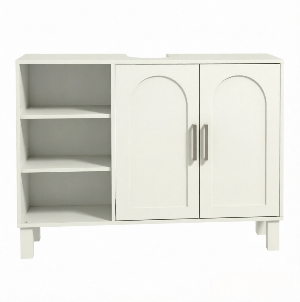 Waschbeckenunterschrank Mit Offenen Fächern Und Doppeltüren, Creme, 90 X 30 X 63 Cm