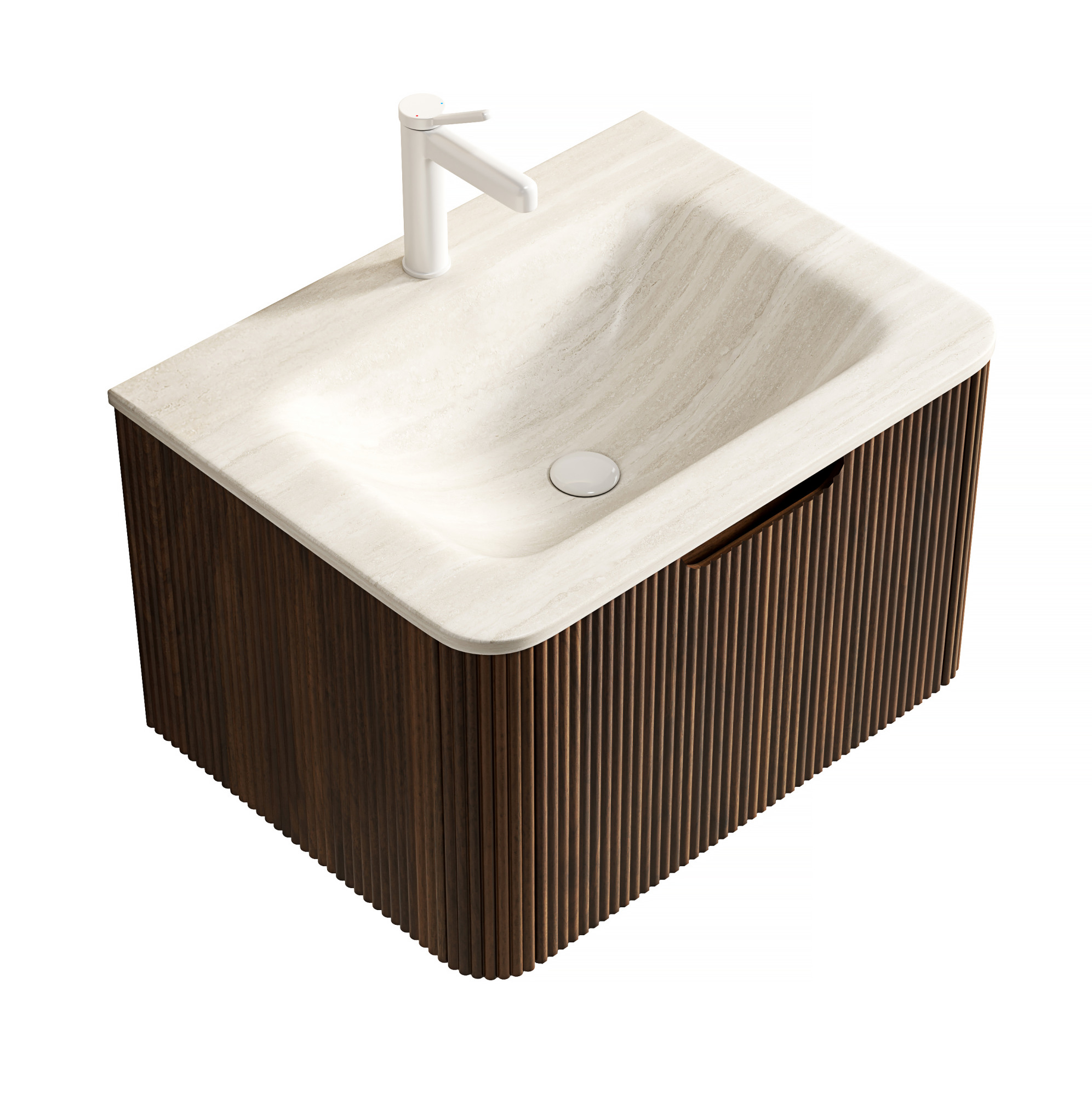 Hängendes Badmöbel 60 Cm Mit Waschbecken Aus Gesintertem Stein Travertino Roma, Nussbaum