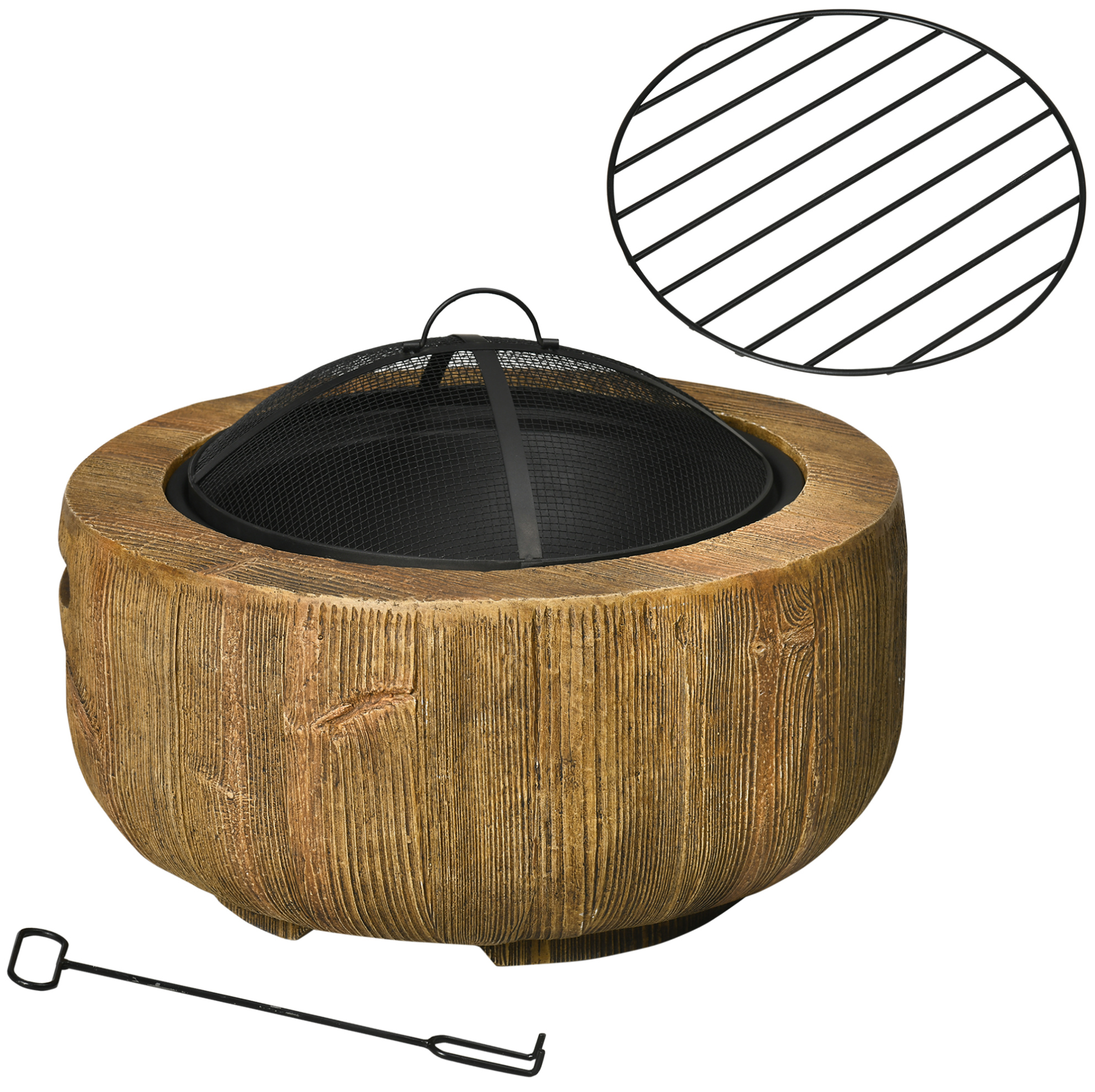 Gartenfeuerkorb Mit Deckel Und Schürhaken, Baumstamm-design Aus Stahl Und Mgo, Braun