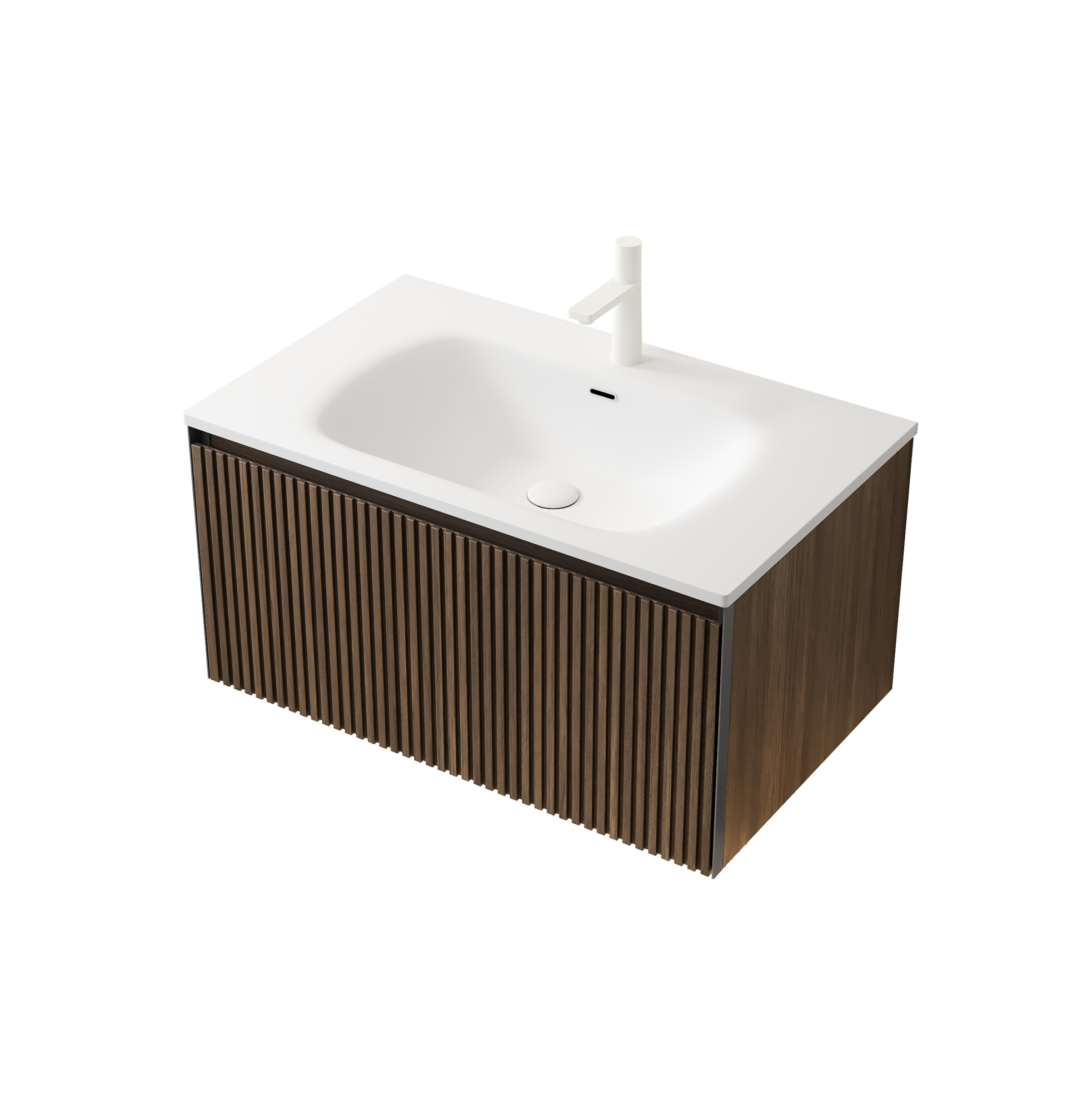 Hängendes Badmöbel 80 Cm Mit Harzwaschbecken, Weiß, Eichenoptik Braun