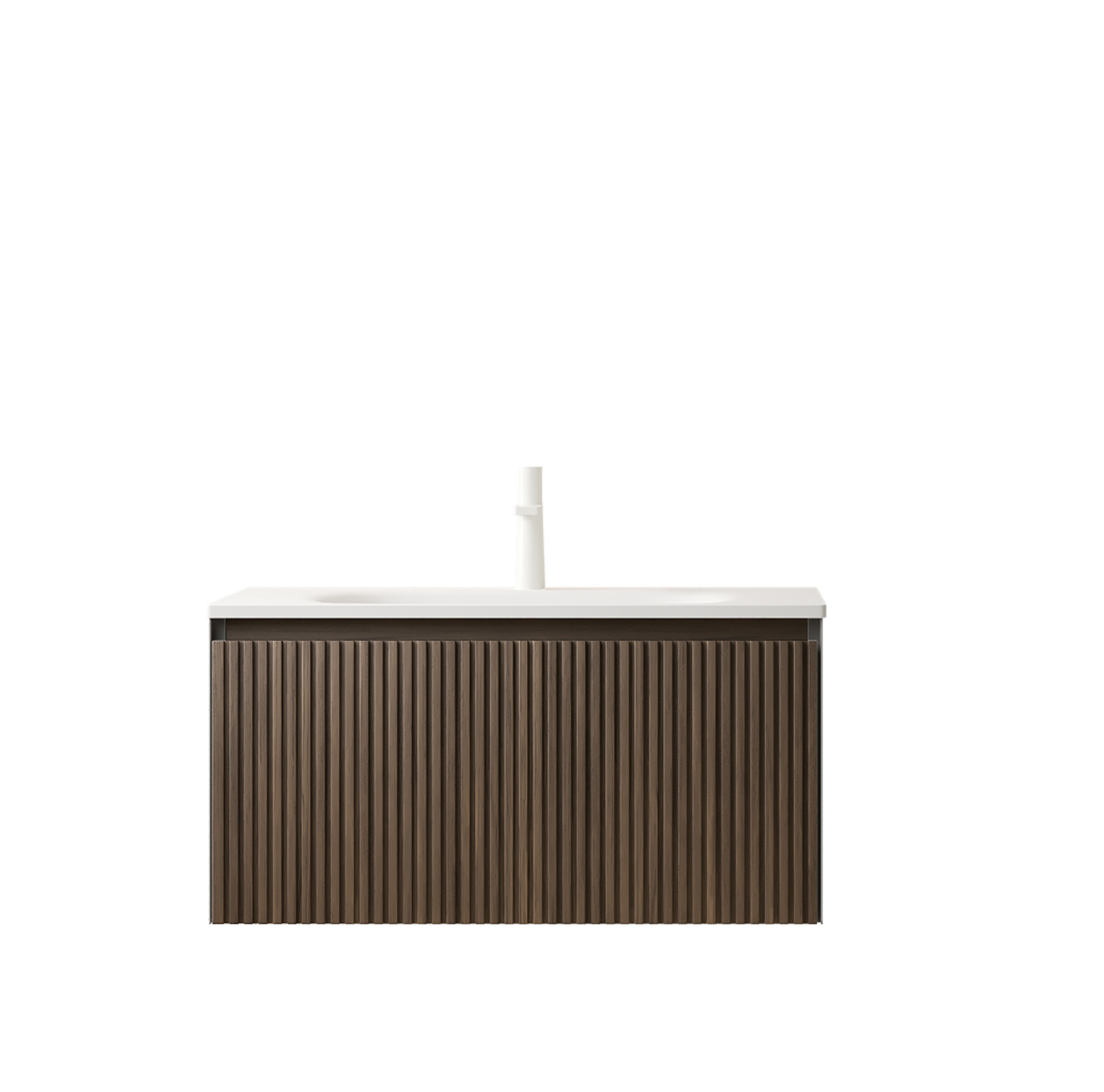 Hängendes Badmöbel 80 Cm Mit Keramikwaschbecken, Schublade, Braune Eiche, Vormontiert