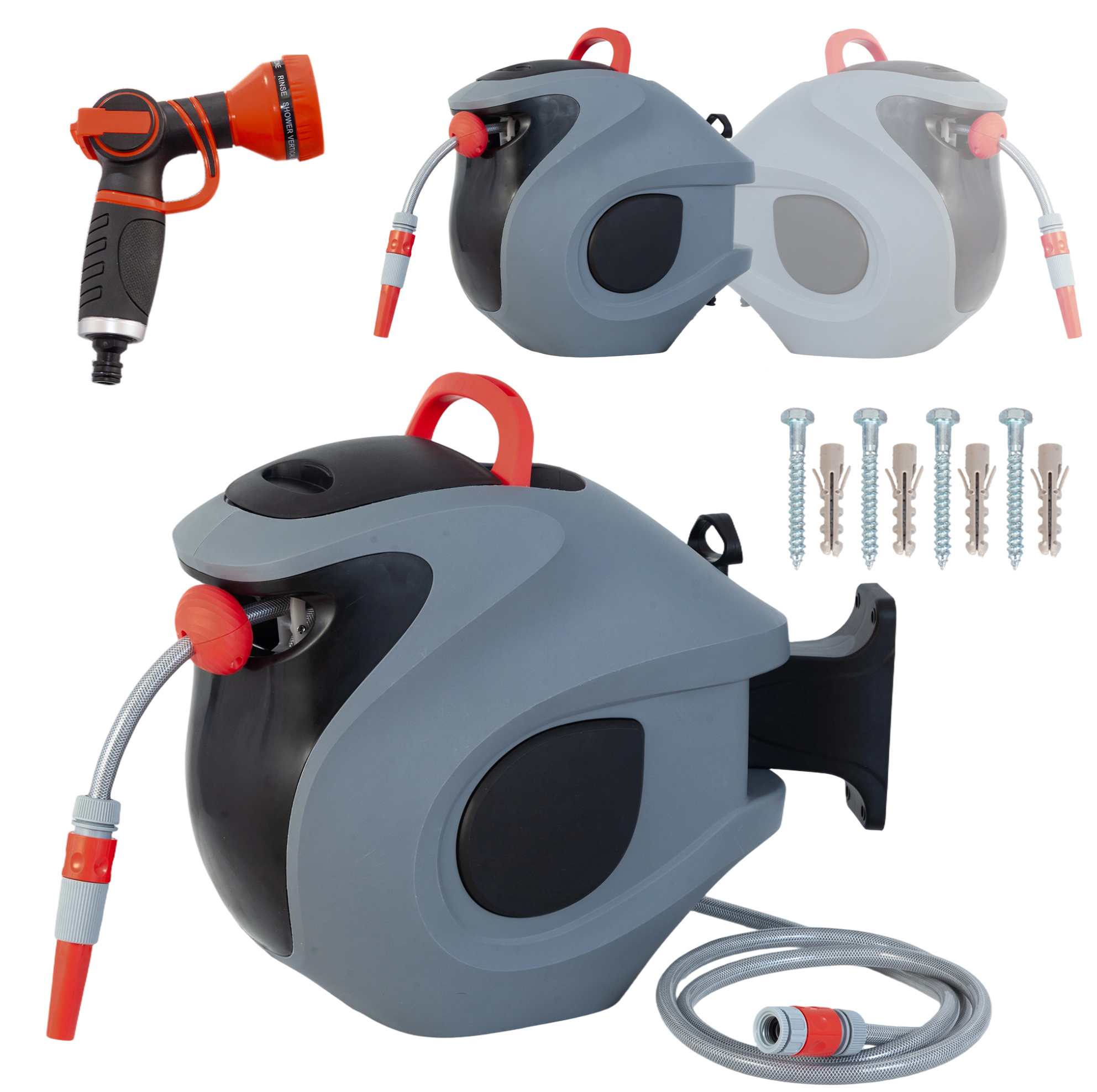 Automatischer Schlauchaufroller 30 M Mit 9-strahl-düse, Wandhalterung Und 180°-drehung Grau