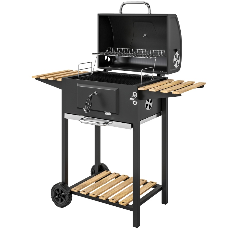 Holzkohlegrill Aus Schwarzem Stahl Mit Deckel, Thermometer Und Rädern 112 X 58 X 107 Cm