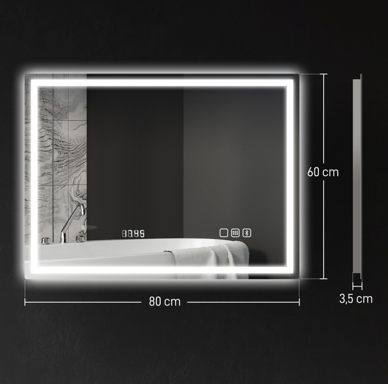 Led-badezimmerspiegel 80x60 Cm Mit Bluetooth, Uhr, Antibeschlag Und Touch