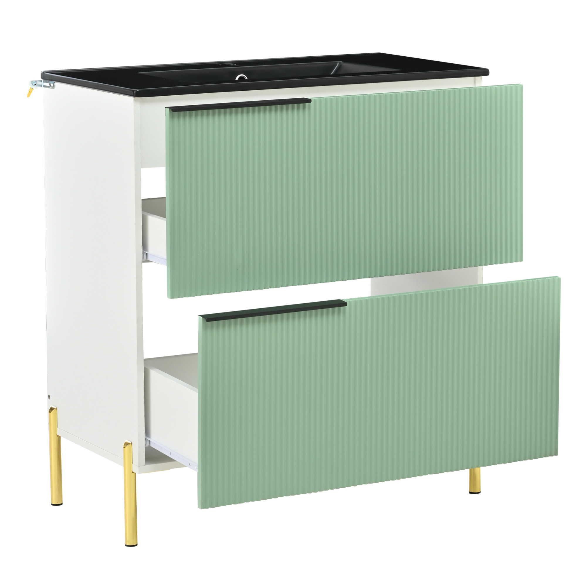 Freistehender Grüner Badschrank Mit Keramikwaschbecken, 2 Schubladen, Mdf, Modenuit