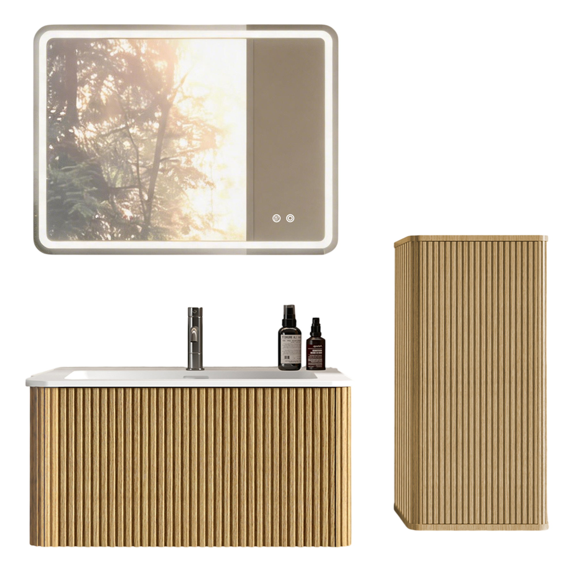 Hängendes Badmöbel 80 Cm Mit Waschbecken, Led-spiegel Und Hochschrank, Eiche-optik Modenuit