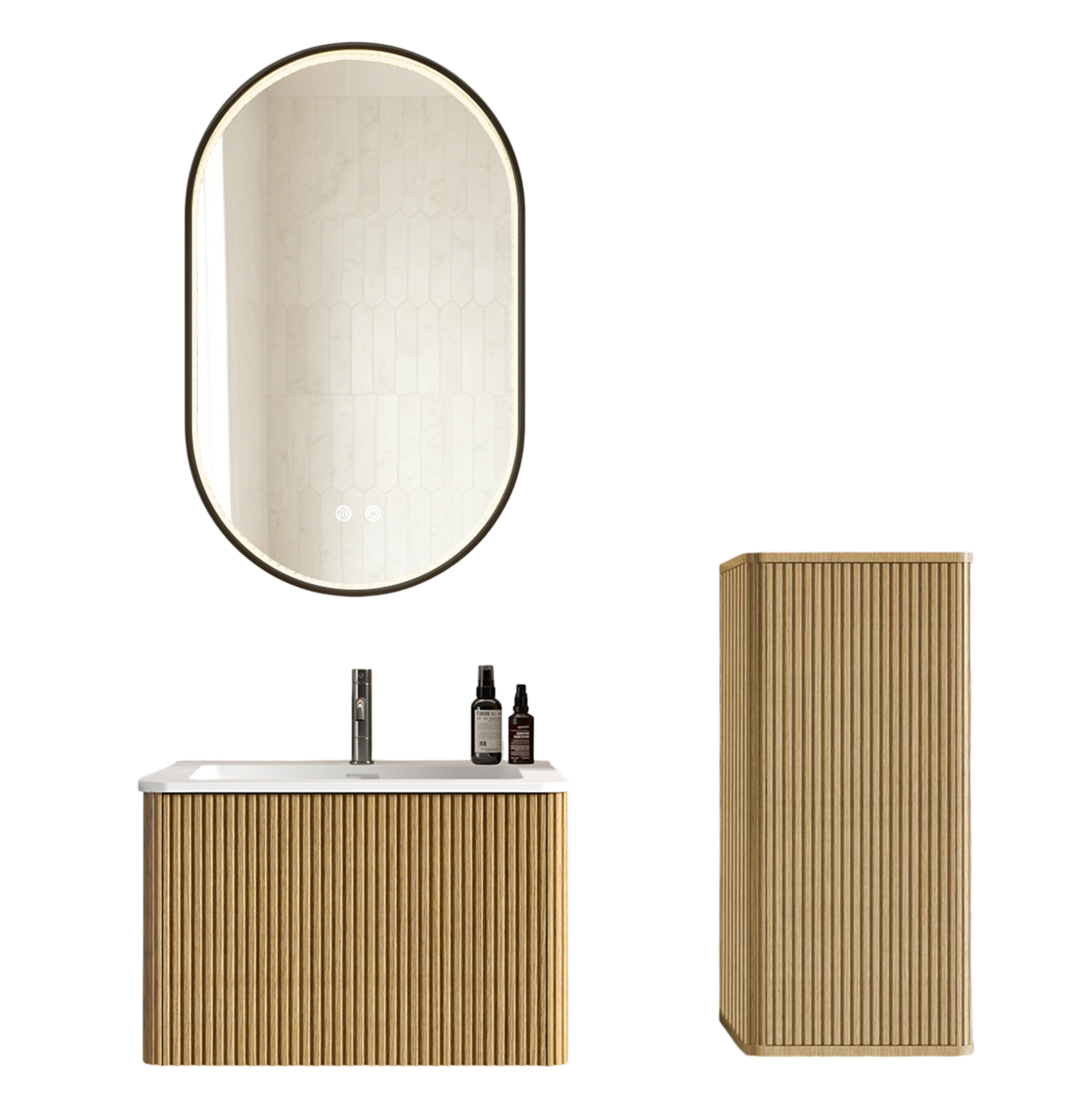 Badmöbel-set In Eiche Mit Waschbecken, Seitenhochschrank Und Led-spiegel 60 Cm